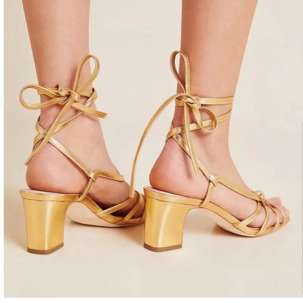 Loeffler Randall Metallic Gold Strappy Block Heel Sandals